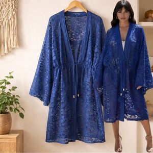 FREE PEOPLE Rare Blue Bell Sleeve Cut Out Lace embroidered Duster cover up 1 Sz